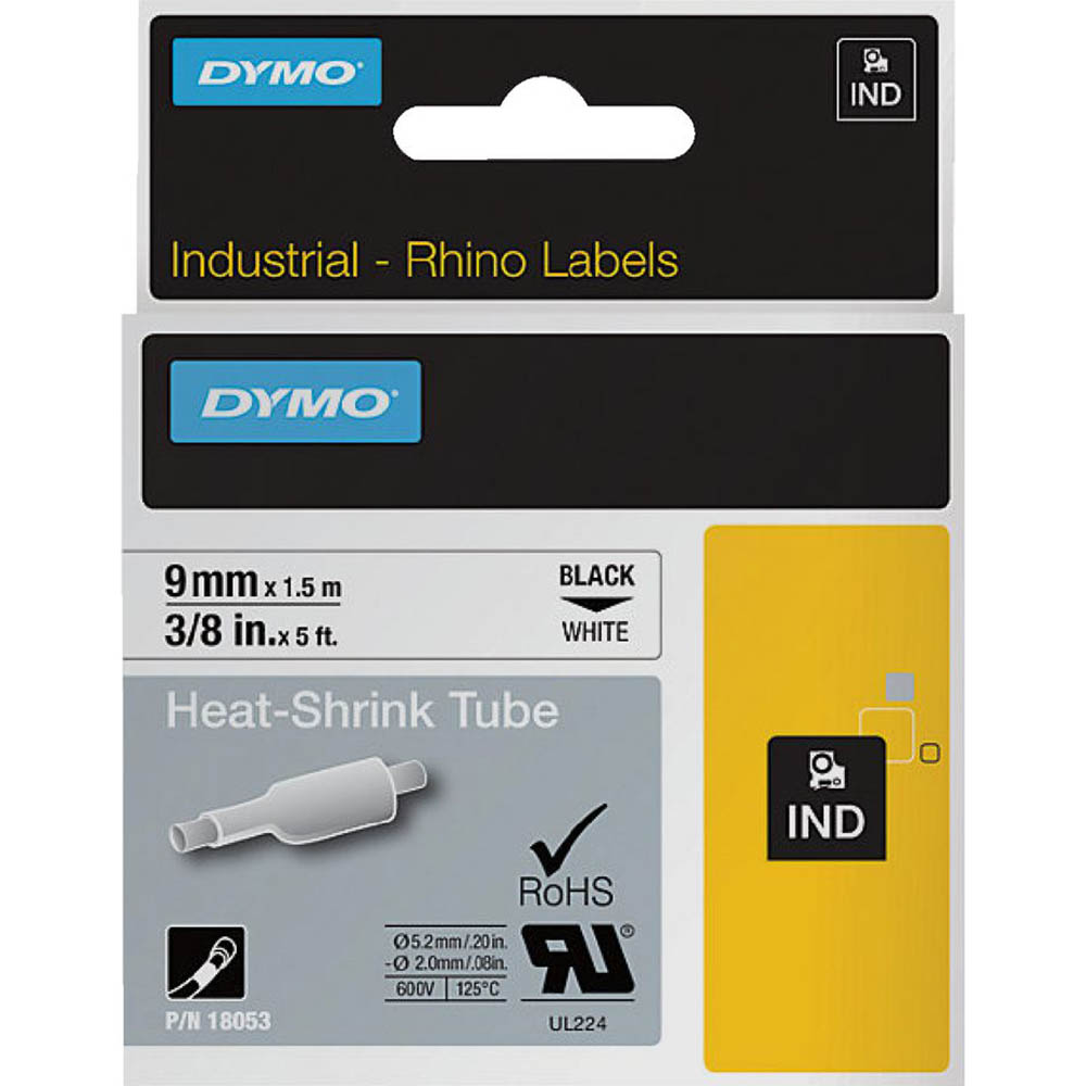 Image for DYMO SD18053 RHINO INDUSTRIAL HEAT SHRINK TUBING 9MM BLACK ON WHITE from That Office Place PICTON