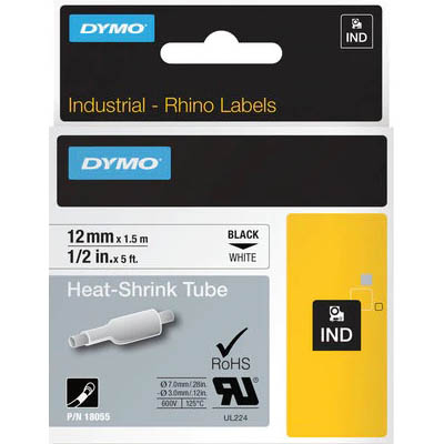 Image for DYMO SD18055 RHINO INDUSTRIAL HEAT SHRINK TUBING 12MM BLACK ON WHITE from Mitronics Corporation