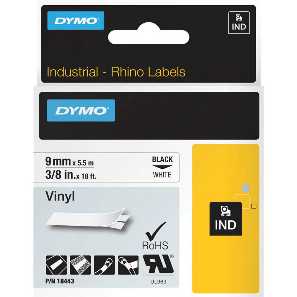 Image for DYMO SD18443 RHINO INDUSTRIAL TAPE VINYL 9MM BLACK ON WHITE from Mitronics Corporation