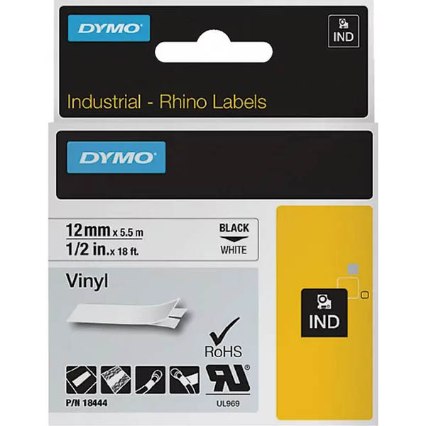 Image for DYMO SD18444 RHINO INDUSTRIAL TAPE VINYL 12MM BLACK ON WHITE from York Stationers