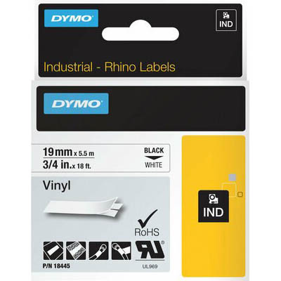 Image for DYMO SD18445 RHINO INDUSTRIAL TAPE VINYL 19MM BLACK ON WHITE from Mitronics Corporation