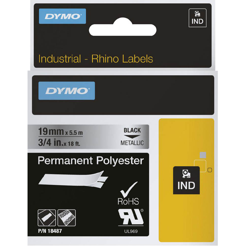 Image for DYMO 18487 RHINO INDUSTRIAL TAPE PERMANENT POLYESTER 19MM BLACK ON METALLIC from That Office Place PICTON