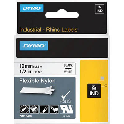 Image for DYMO SD18488 RHINO INDUSTRIAL TAPE FLEXIBLE NYLON 12MM BLACK ON WHITE from Mitronics Corporation