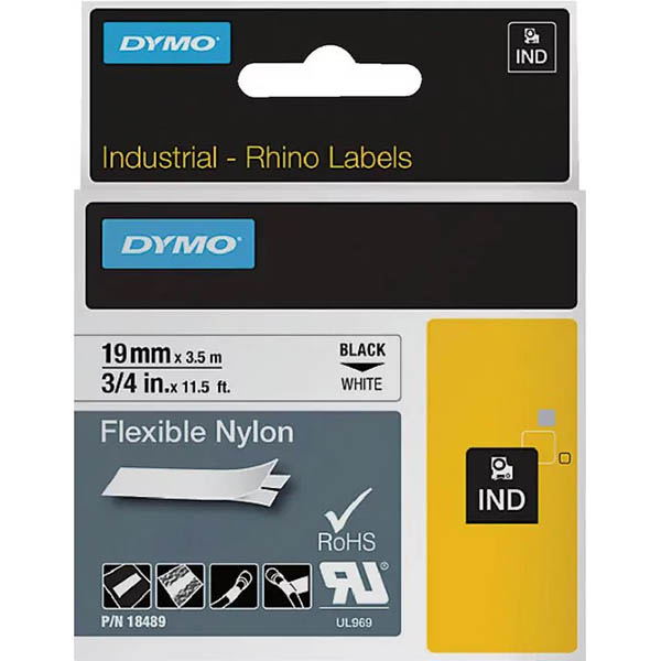 Image for DYMO SD18489 RHINO INDUSTRIAL TAPE FLEXIBLE NYLON 19MM BLACK ON WHITE from Prime Office Supplies