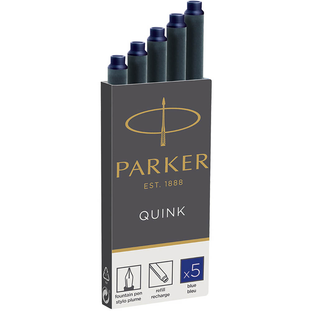 Image for PARKER QUINK FOUNTAIN PEN INK CARTRIDGES BLUE PACK 5 from Mitronics Corporation