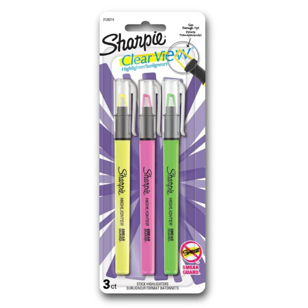Image for SHARPIE CLEAR VIEW HIGHLIGHTER STICK SEE-THROUGH CHISEL ASSORTED PACK 3 from Mitronics Corporation