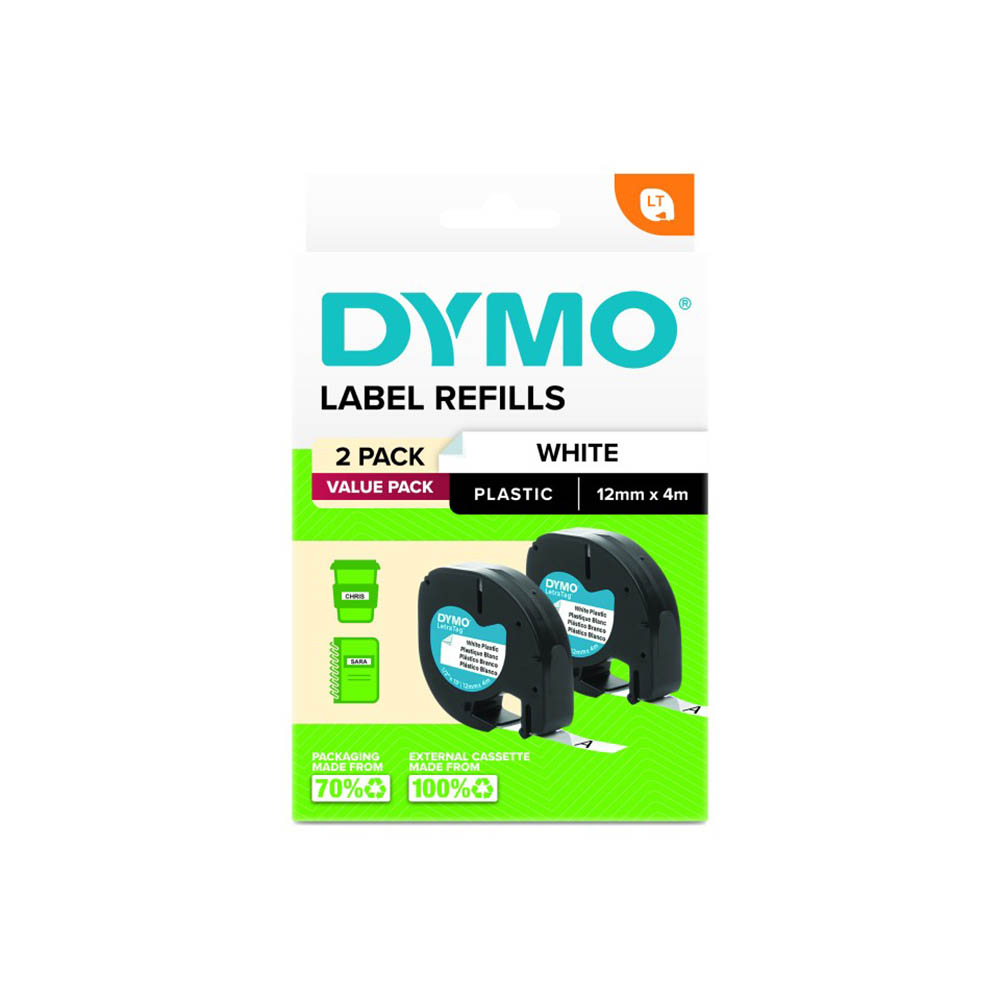 Image for DYMO LETRATAG PLASTIC TAPE 12MM X 4M WHITE PACK 2 from Positive Stationery