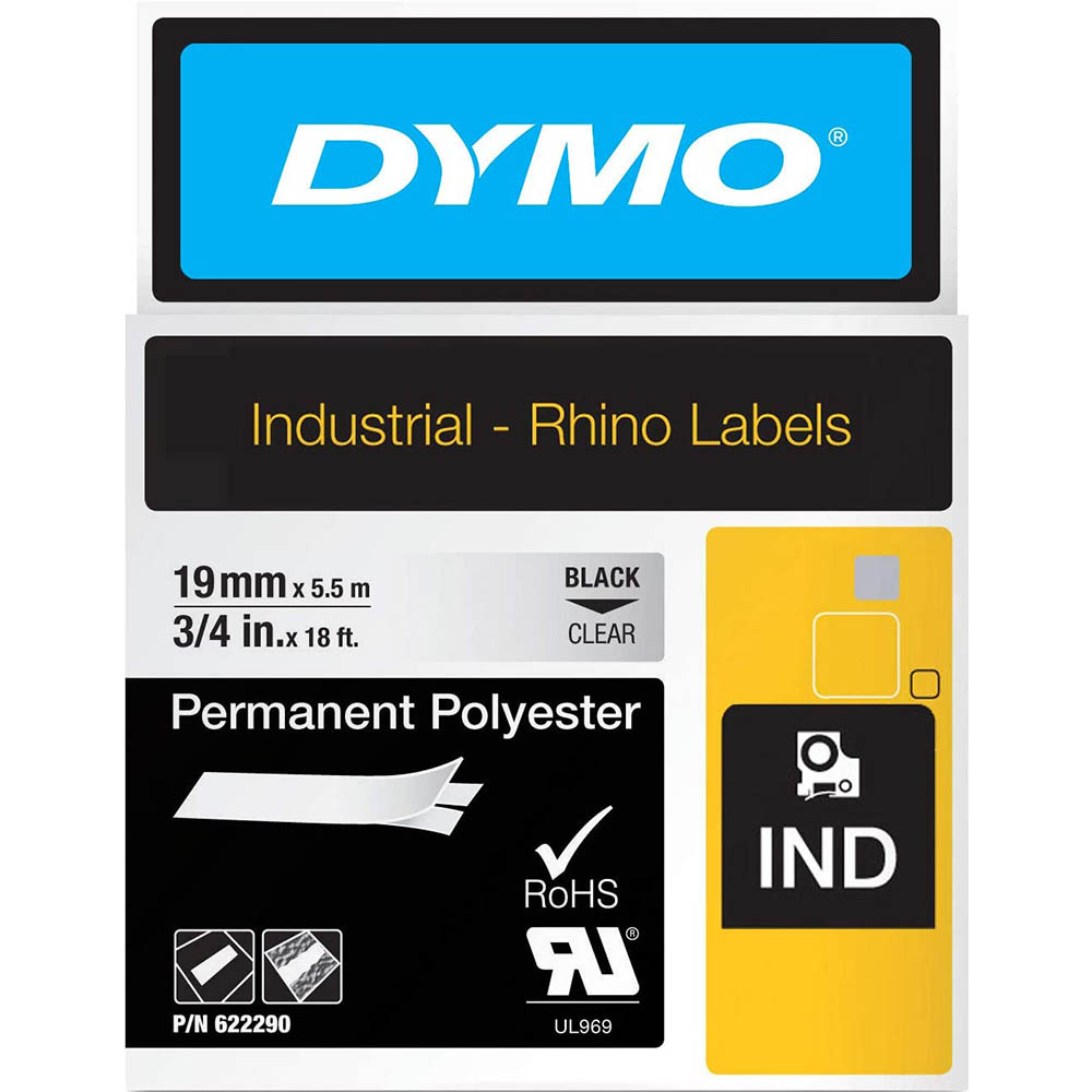 Image for DYMO 622290 RHINO INDUSTRIAL TAPE PERMANENT POLYESTER 19MM BLACK ON CLEAR from That Office Place PICTON