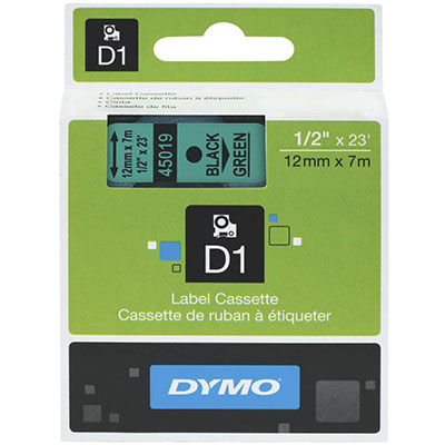 Image for DYMO 45019 D1 LABELLING TAPE 12MM X 7M BLACK ON GREEN from Mitronics Corporation
