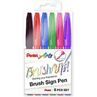 pentel arts brush sign pen standard assorted colour pack 6