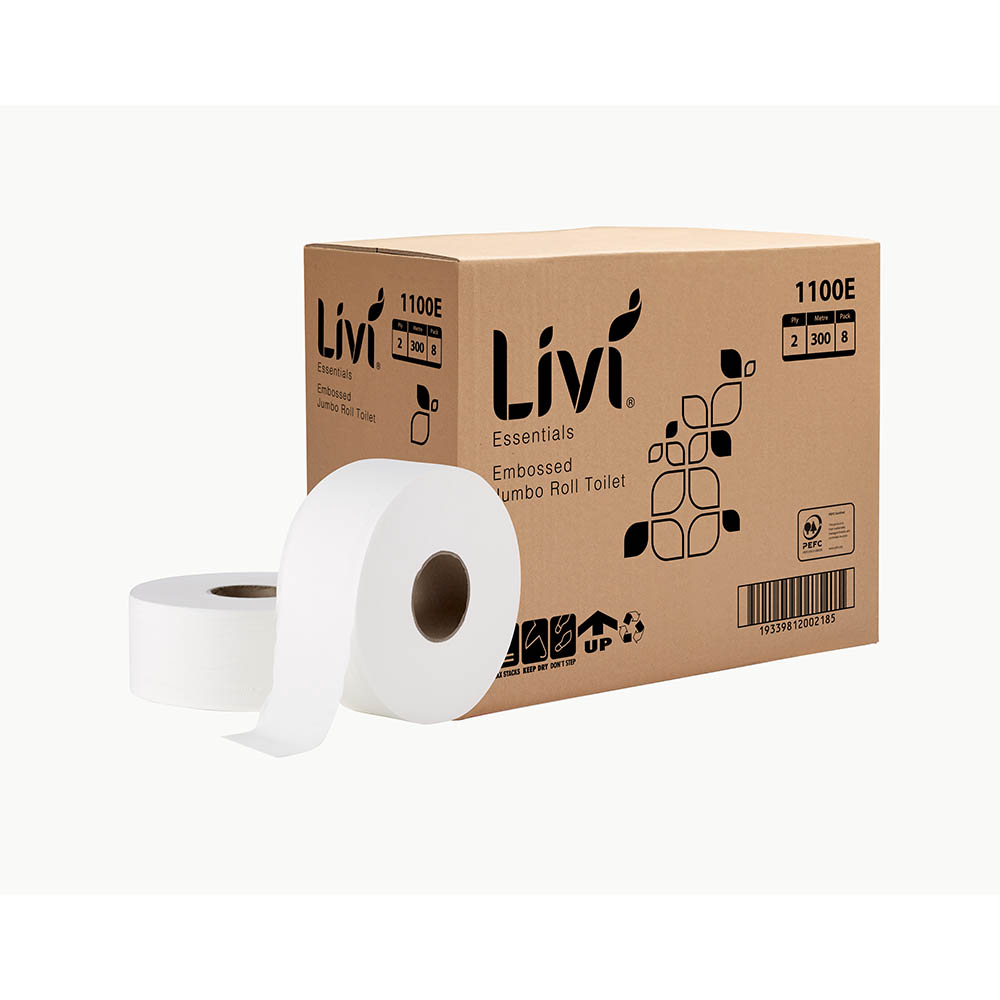 Image for LIVI ESSENTIALS JUMBO ROLL TOILET EMBOSSED 2-PLY 300M CARTON 8 from Mitronics Corporation