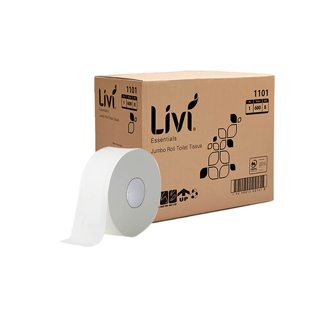 Image for LIVI ESSENTIALS JUMBO ROLL TOILET 1-PLY 600M CARTON 8 from That Office Place PICTON