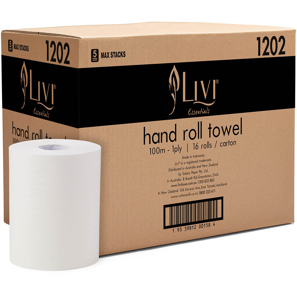 Image for LIVI ESSENTIALS ROLL TOWEL 1-PLY 100M CARTON 16 from SNOWS OFFICE SUPPLIES - Brisbane Family Company