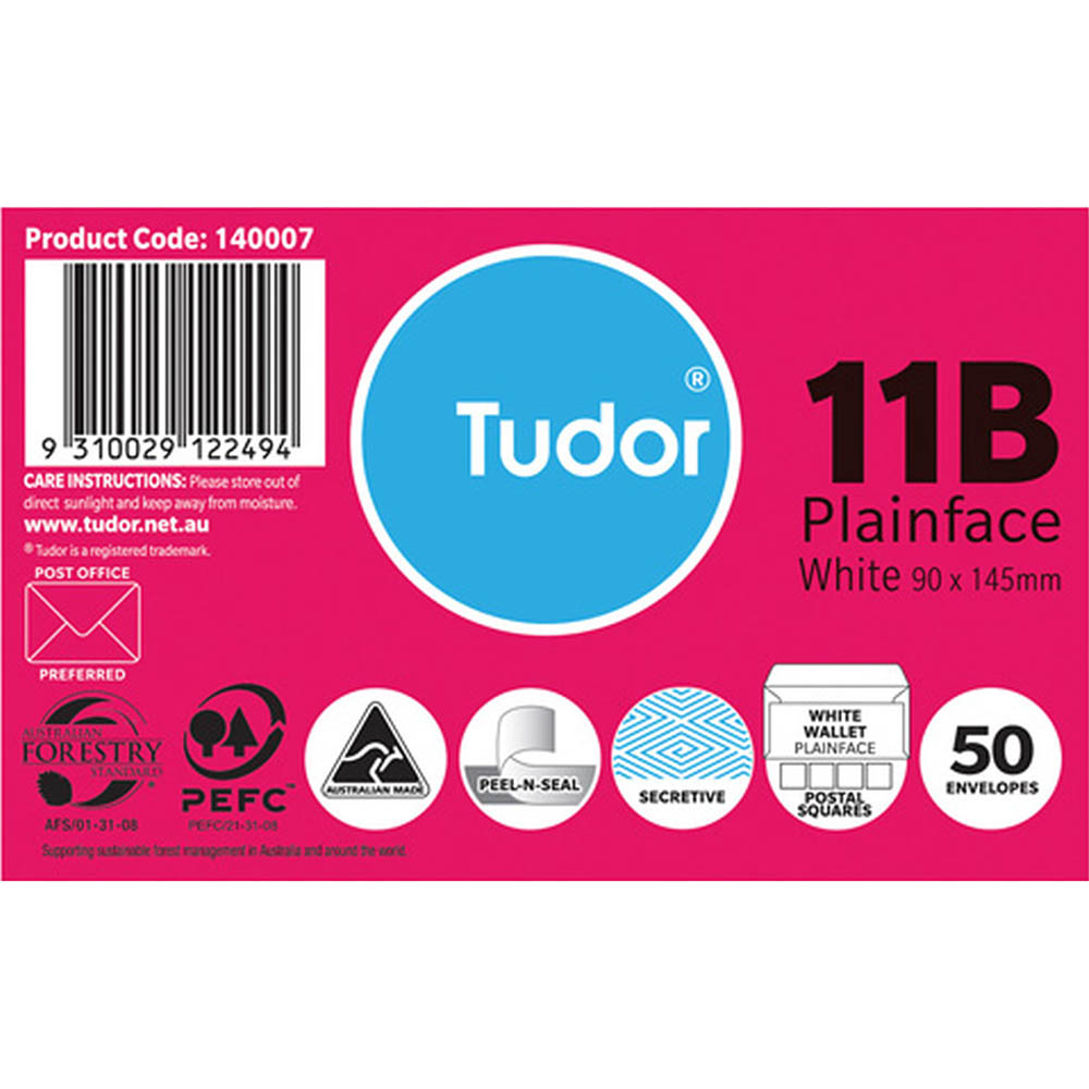 Image for TUDOR 11B ENVELOPES SECRETIVE WALLET PLAINFACE STRIP SEAL POST OFFICE SQUARES 80GSM 90 X 145MM WHITE PACK 50 from Olympia Office Products