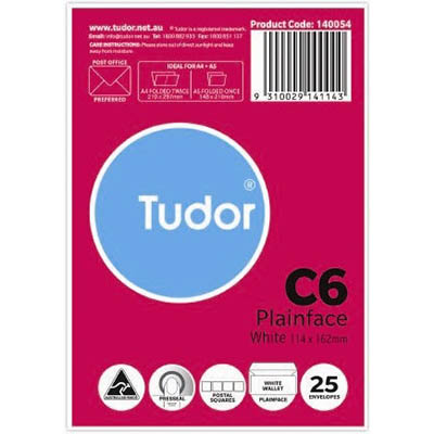 Image for TUDOR C6 ENVELOPES WALLET PLAINFACE PRESS SEAL POST OFFICE SQUARES 80GSM 114 X 162MM WHITE PACK 25 from BusinessWorld Computer & Stationery Warehouse