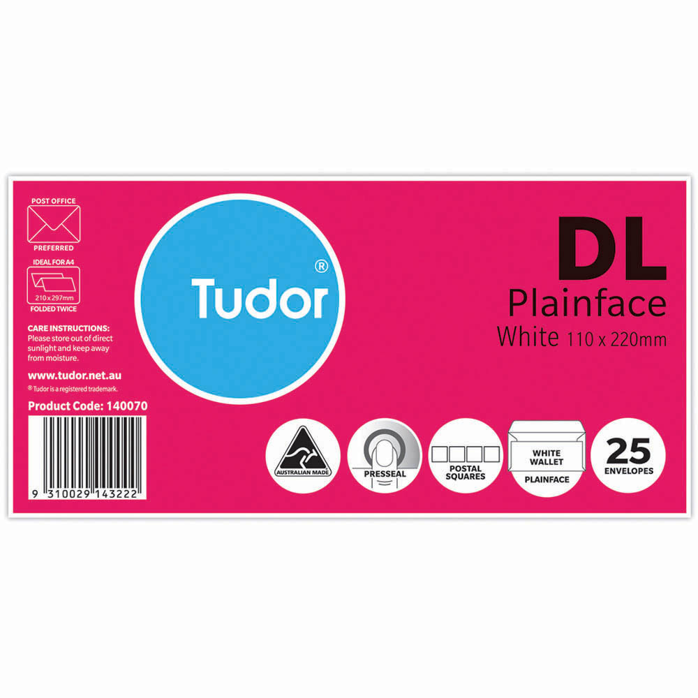 Image for TUDOR DL ENVELOPES WALLET PLAINFACE PRESS SEAL POST OFFICE SQUARES 80GSM WHITE PACK 25 from Prime Office Supplies