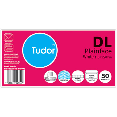 Image for TUDOR DL ENVELOPES SECRETIVE WALLET PLAINFACE STRIP SEAL POST OFFICE SQUARES 80GSM 110 X 220MM WHITE PACK 50 from That Office Place PICTON