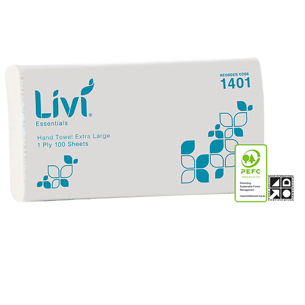 Image for LIVI ESSENTIALS EXTRA LARGE HAND TOWEL 1-PLY 100 SHEET 230 X 360MM CARTON 24 from Clipboard Stationers & Art Supplies