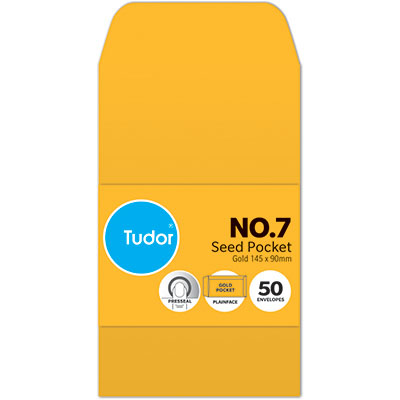 Image for TUDOR ENVELOPES NO.7 SEED POCKET PLAINFACE PRESS SEAL 80GSM 90 X 145MM GOLD PACK 50 from Office Express
