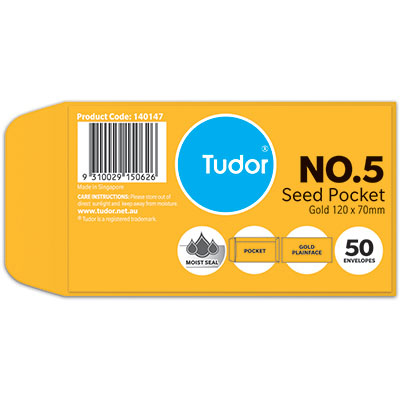 Image for TUDOR ENVELOPES NO.5 SEED POCKET PLAINFACE MOIST SEAL 80GSM 120 X 70MM GOLD PACK 50 from Mitronics Corporation