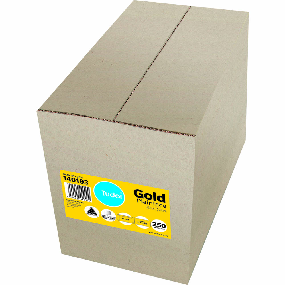 Image for TUDOR ENVELOPES POCKET PLAINFACE STRIP SEAL 80GSM 355 X 150MM GOLD BOX 250 from Prime Office Supplies