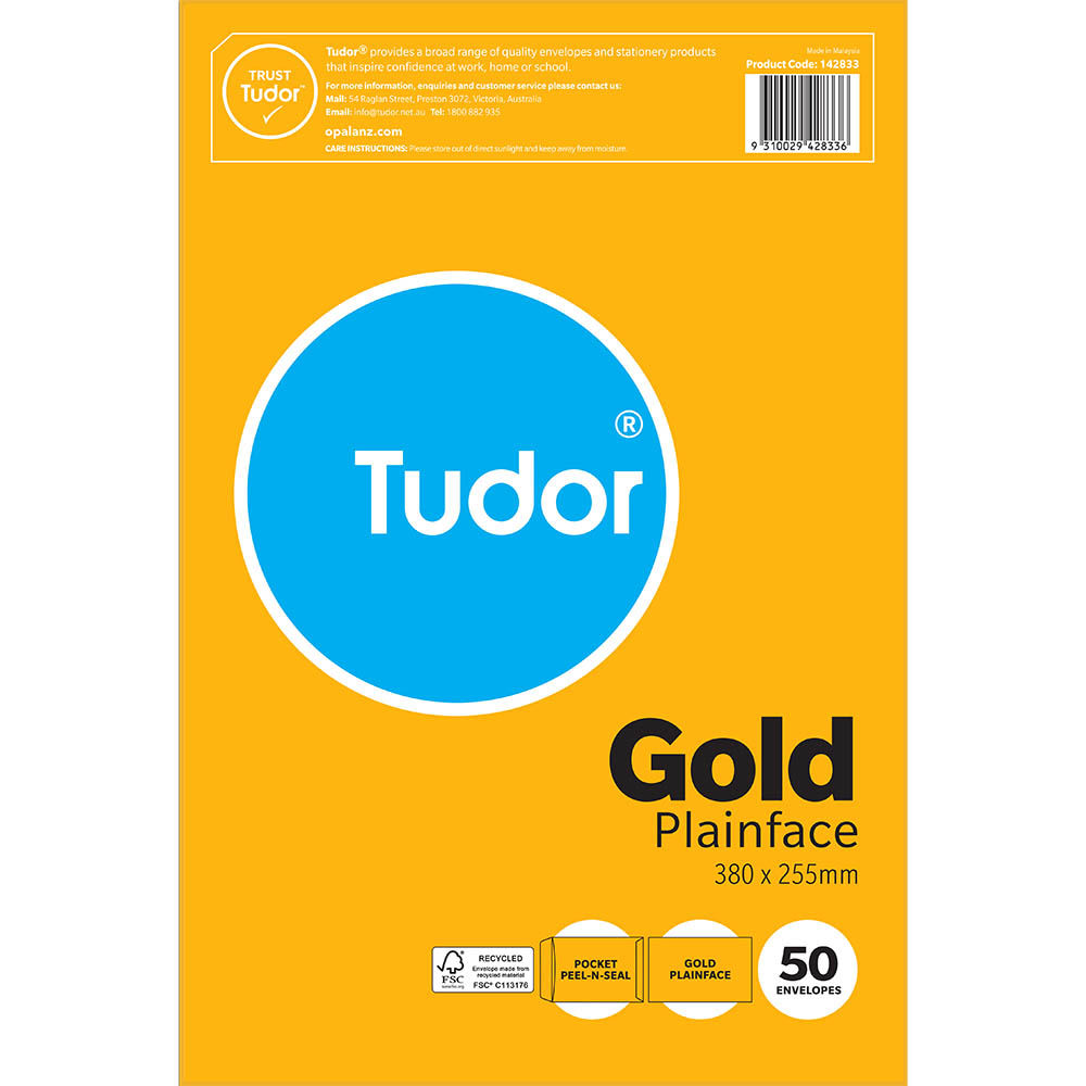 Image for TUDOR ENVELOPES POCKET PLAINFACE STRIP SEAL 80GSM 380 X 255MM GOLD PACK 50 from BusinessWorld Computer & Stationery Warehouse