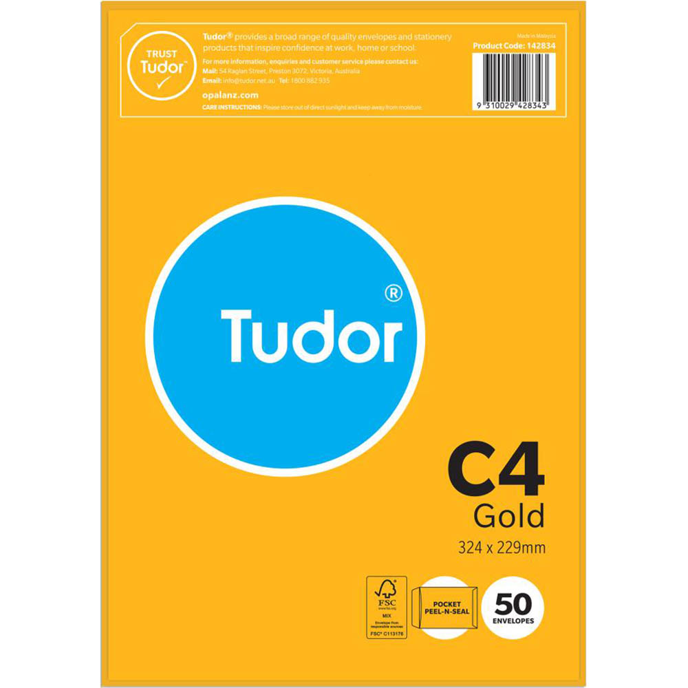 Image for TUDOR C4 ENVELOPES POCKET PLAINFACE STRIP SEAL 80GSM 324 X 229MM GOLD PACK 50 from Prime Office Supplies