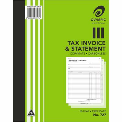 Image for OLYMPIC 727 INVOICE AND STATEMENT BOOK CARBONLESS TRIPLICATE 50 LEAF 250 X 200MM from Challenge Office Supplies