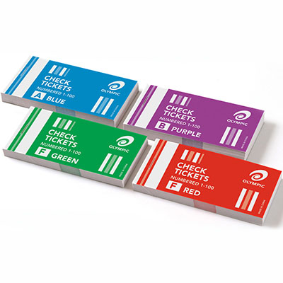 Image for OLYMPIC CHECK TICKET 1-100 ASSORTED PACK 4 from Prime Office Supplies