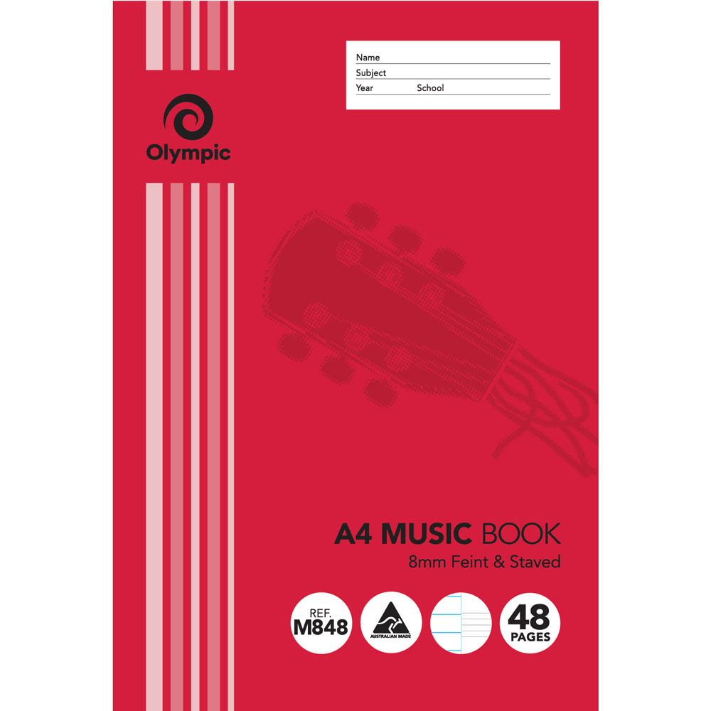 Image for OLYMPIC M848 MUSIC BOOK FEINT AND STAVED 8MM 48 PAGE 55GSM A4 from Office Heaven