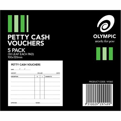 Image for OLYMPIC PETTY CASH VOUCHER PAD 50 LEAF 100 X 120MM PACK 5 from SNOWS OFFICE SUPPLIES - Brisbane Family Company