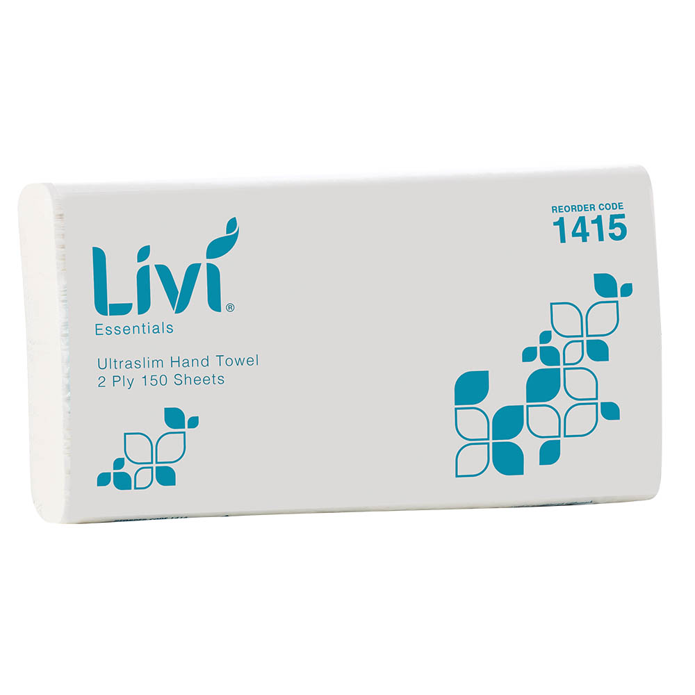 Image for LIVI ESSENTIALS ULTRASLIM HAND TOWEL 2-PLY 150 SHEET 230 X 240MM CARTON 16 from York Stationers