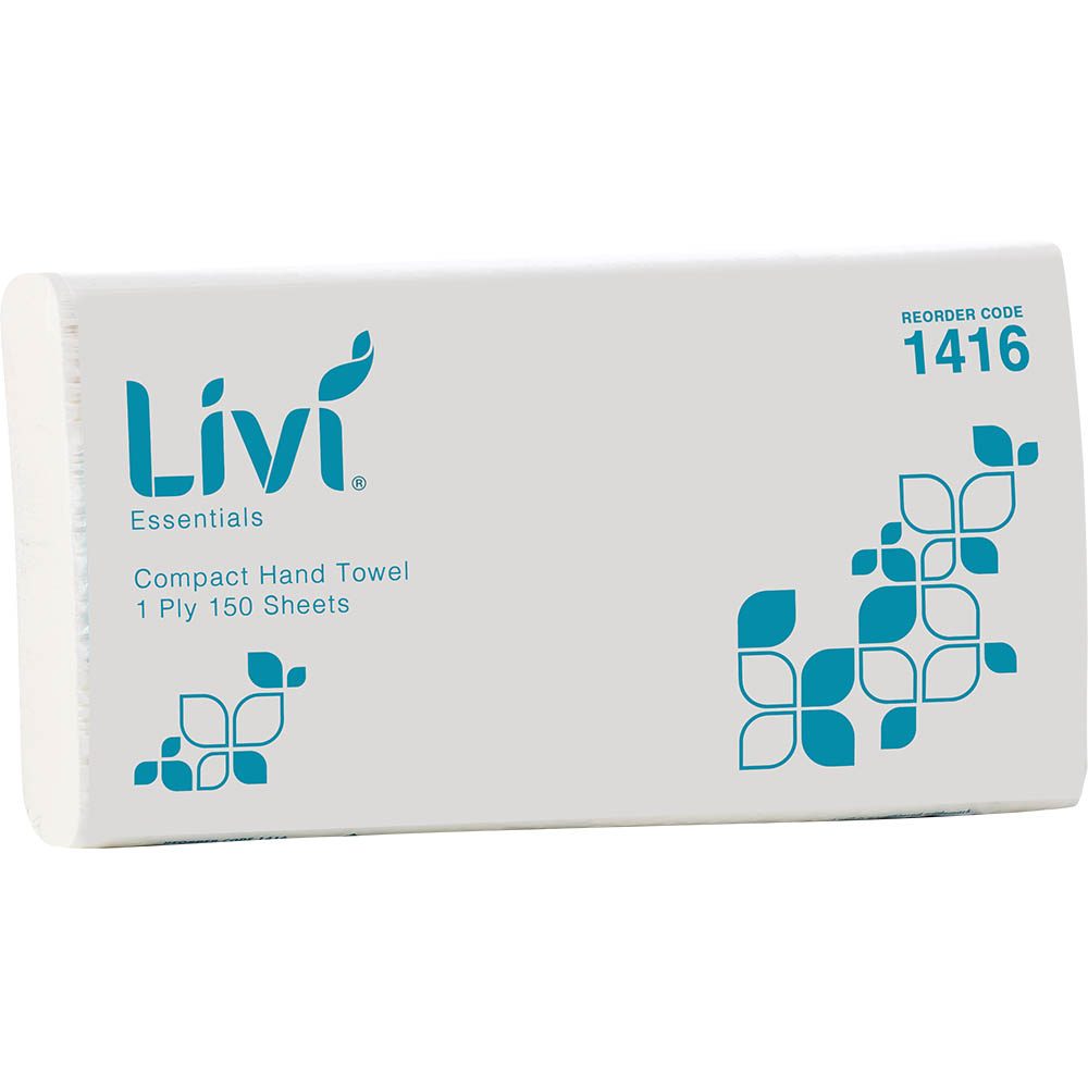 Image for LIVI ESSENTIALS COMPACT HAND TOWEL 1-PLY 150 SHEET 200 X 250MM CARTON 16 from Australian Stationery Supplies