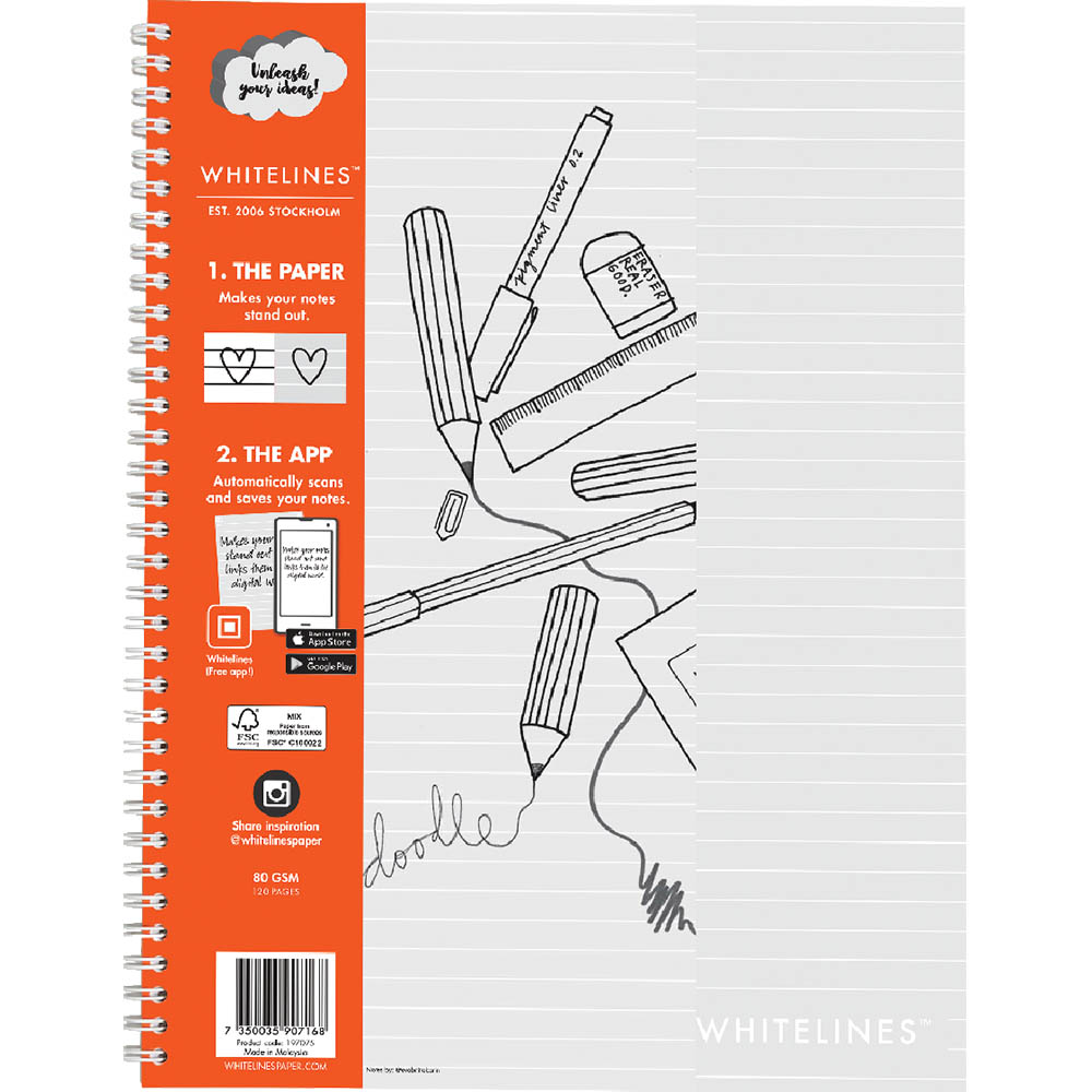 Image for WHITELINES SPIRAL NOTEPAD 8MM RULED 80GSM 120 PAGE A4 from Mitronics Corporation