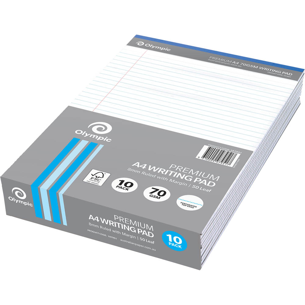Image for OLYMPIC PREMIUM WRITING PAD 8MM RULED 70GSM 100 PAGE A4 WHITE PACK 10 from Mitronics Corporation