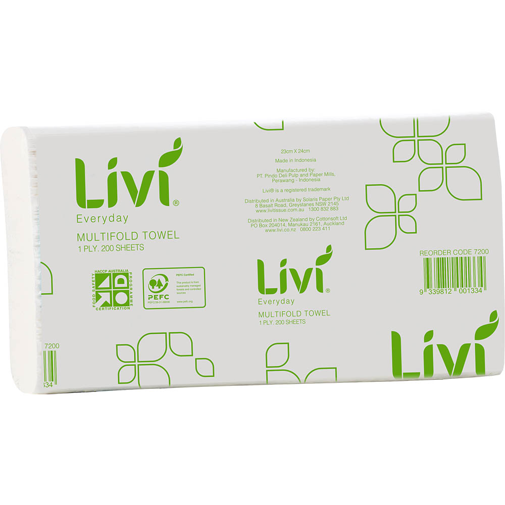 LIVI BASICS MULTIFOLD HAND TOWEL 1-PLY 200 SHEET 230 X 240MM CARTON 20 |  | 7035806