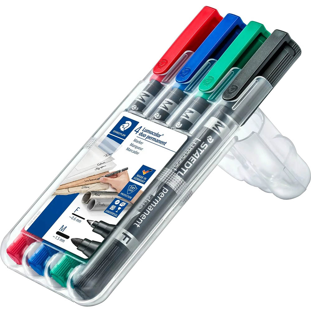 Image for STAEDTLER 348 LUMOCOLOR DUO PERMANENT MARKER BULLET 0.6MM/1.5MM ASSORTED PACK 4 from Office Heaven