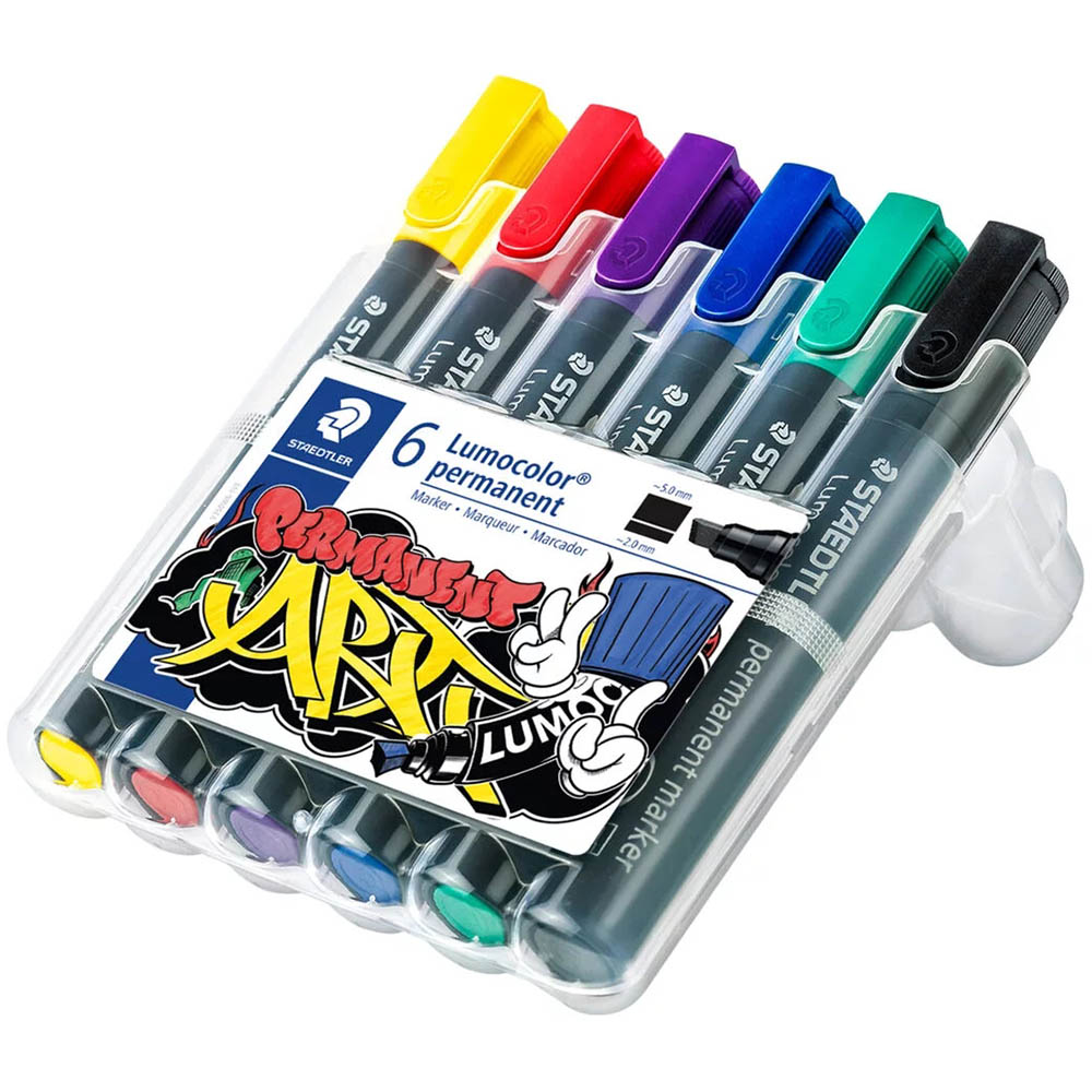 Image for STAEDTLER 350 LUMOCOLOR PERMANENT MARKER CHISEL 5.0MM ASSORTED PACK 6 from That Office Place PICTON