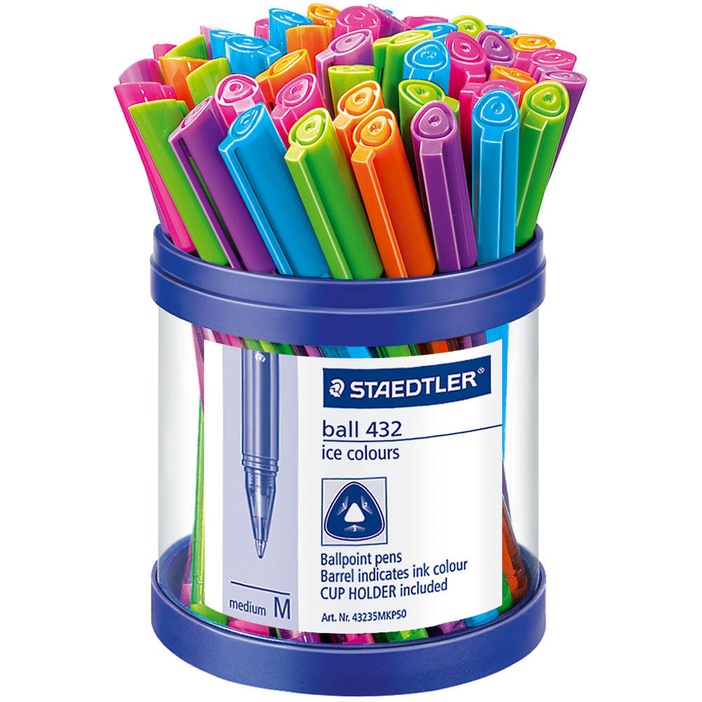 Image for STAEDTLER 432 TRIANGULAR BALLPOINT STICK PEN MEDIUM ASSORTED CUP 50 from Clipboard Stationers & Art Supplies