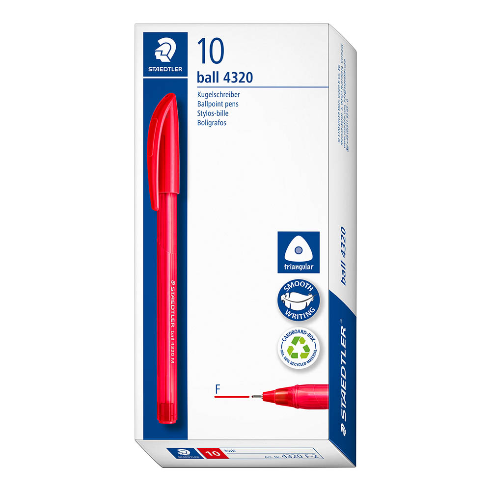 Image for STAEDTLER 4320 TRIANGULAR BALLPOINT STICK PEN FINE RED BOX 10 from Prime Office Supplies