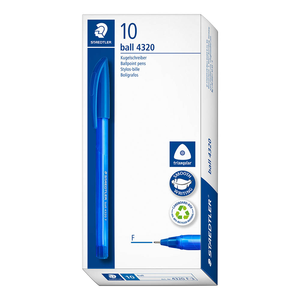 Image for STAEDTLER 4320 TRIANGULAR BALLPOINT STICK PEN FINE BLUE BOX 10 from That Office Place PICTON