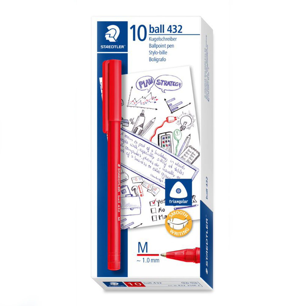 Image for STAEDTLER 432 TRIANGULAR BALLPOINT STICK PEN MEDIUM RED BOX 10 from Clipboard Stationers & Art Supplies