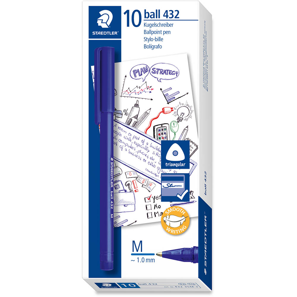 Image for STAEDTLER 432 TRIANGULAR BALLPOINT STICK PEN MEDIUM BLUE BOX 10 from Challenge Office Supplies