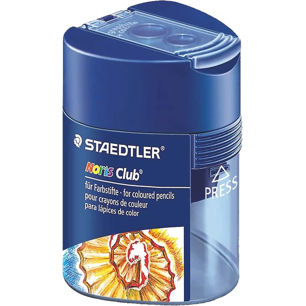 Image for STAEDTLER 512 NORIS PENCIL SHARPENER TRIANGULAR 2-HOLE TUB BLUE from Office Heaven