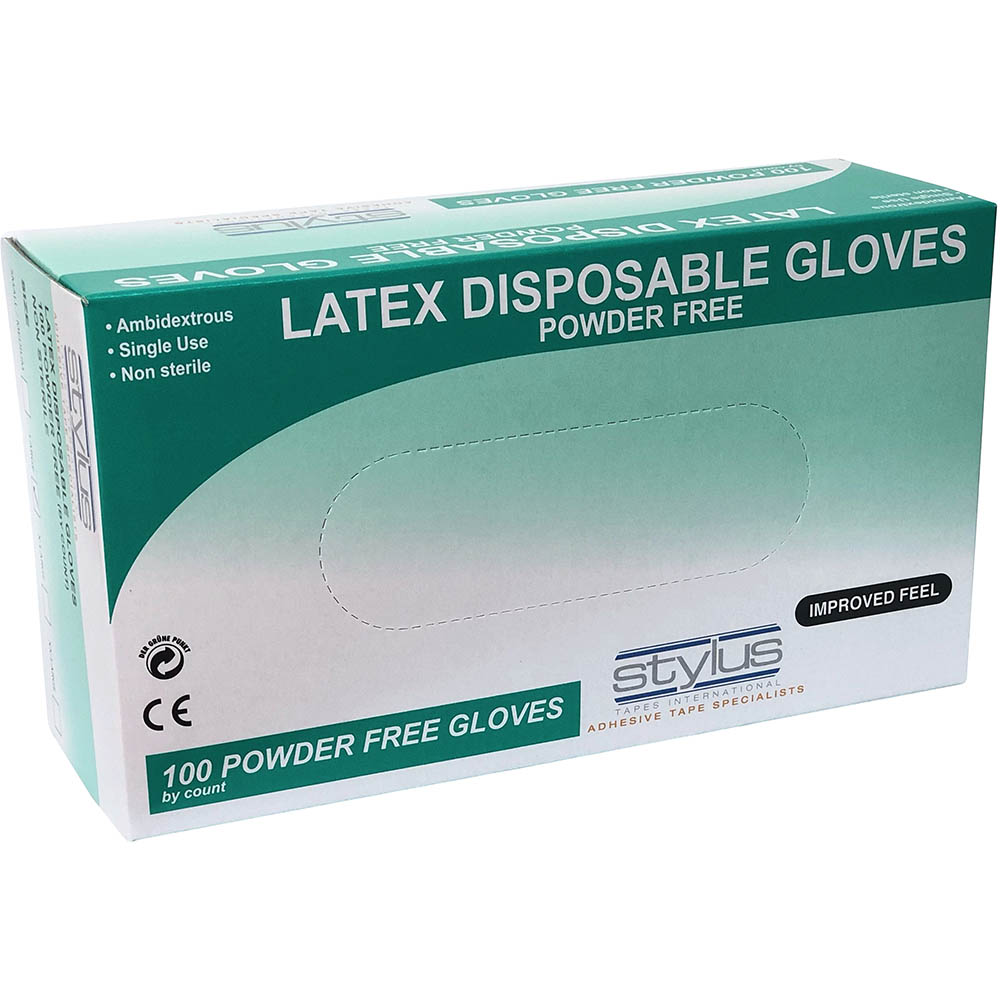 Image for STYLUS LATEX POWDER-FREE DISPOSABLE GLOVES SMALL/MEDIUM NATURAL PACK 100 from Office Fix - WE WILL BEAT ANY ADVERTISED PRICE BY 10%