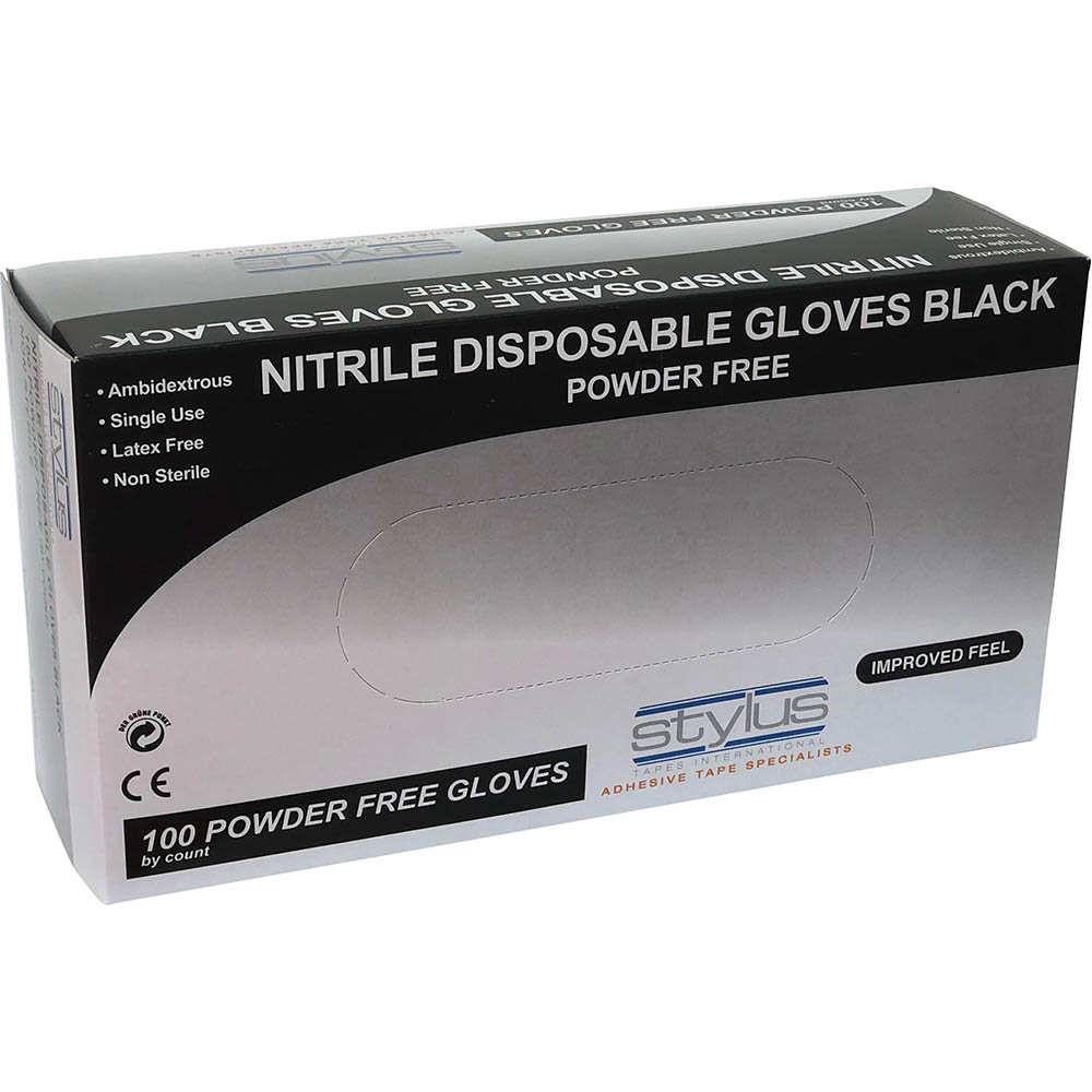 Image for STYLUS NITRILE POWDER-FREE DISPOSABLE GLOVES SMALL/MEDIUM BLACK PACK 100 from Mitronics Corporation