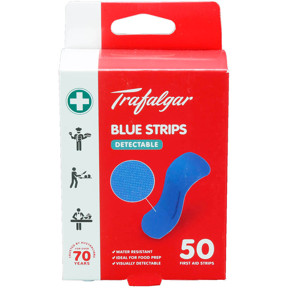 Image for TRAFALGAR ADHESIVE DETECTABLE PLASTIC STRIPS BLUE PACK 50 from Clipboard Stationers & Art Supplies