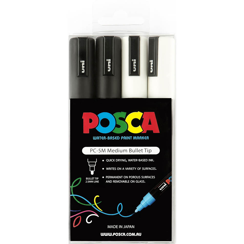 Image for POSCA PC-5M PAINT MARKER BULLET MEDIUM 2.5MM BLACK / WHITE PACK 4 from Challenge Office Supplies