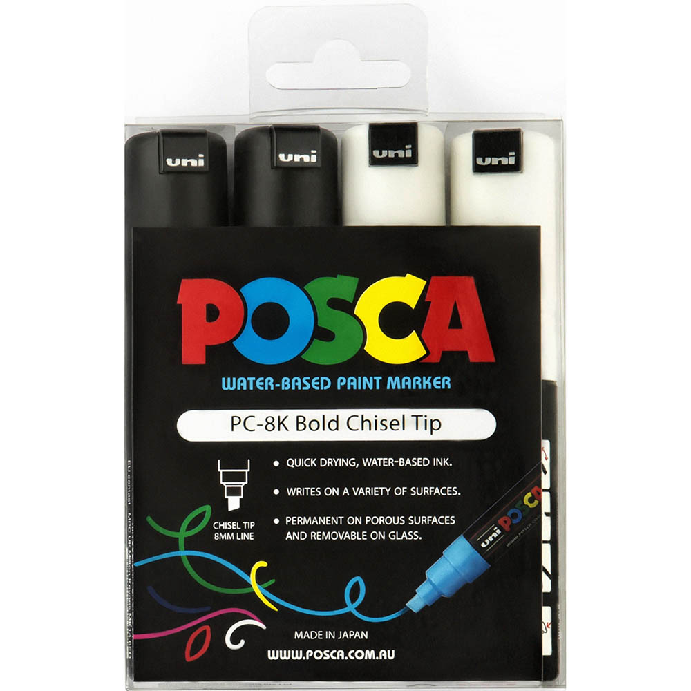 Image for POSCA PC-8K PAINT MARKER CHISEL BROAD 8MM BLACK / WHITE PACK 4 from Australian Stationery Supplies