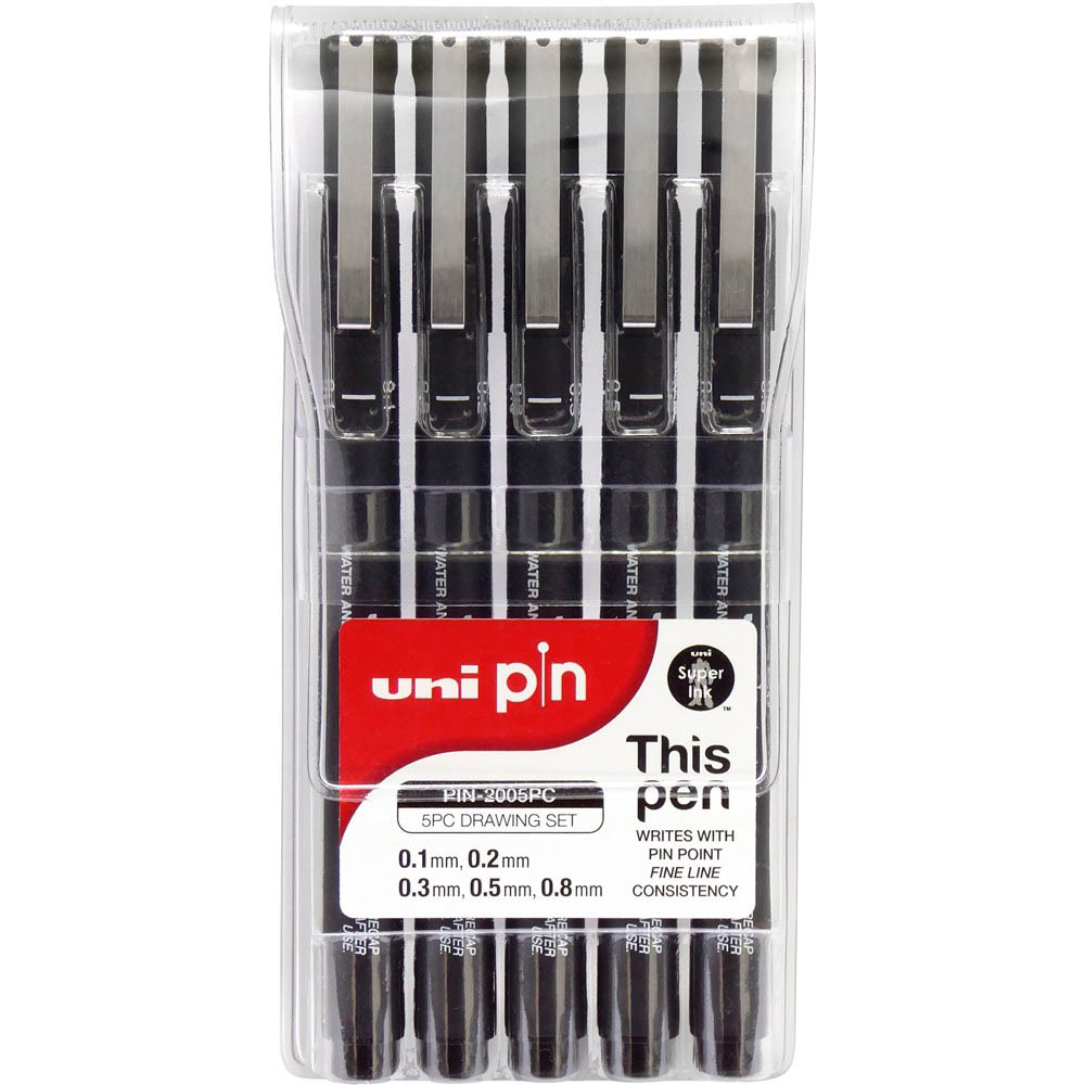 Image for UNI-BALL 200 PIN FINELINER PEN ASSORTED TIPS BLACK WALLET 5 from BusinessWorld Computer & Stationery Warehouse